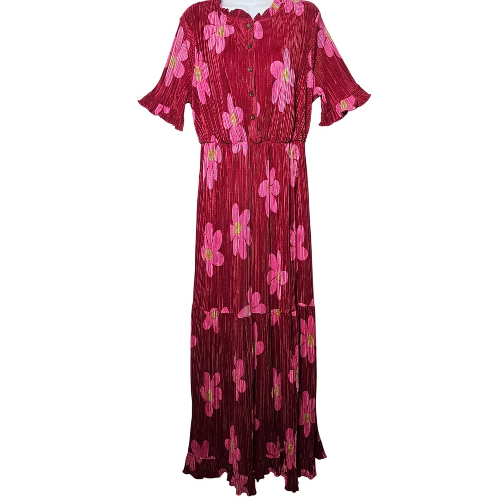 Ces Femme Womens Floral Pleated Maxi Dress L Burgundy Pink Romantic Boho Retro